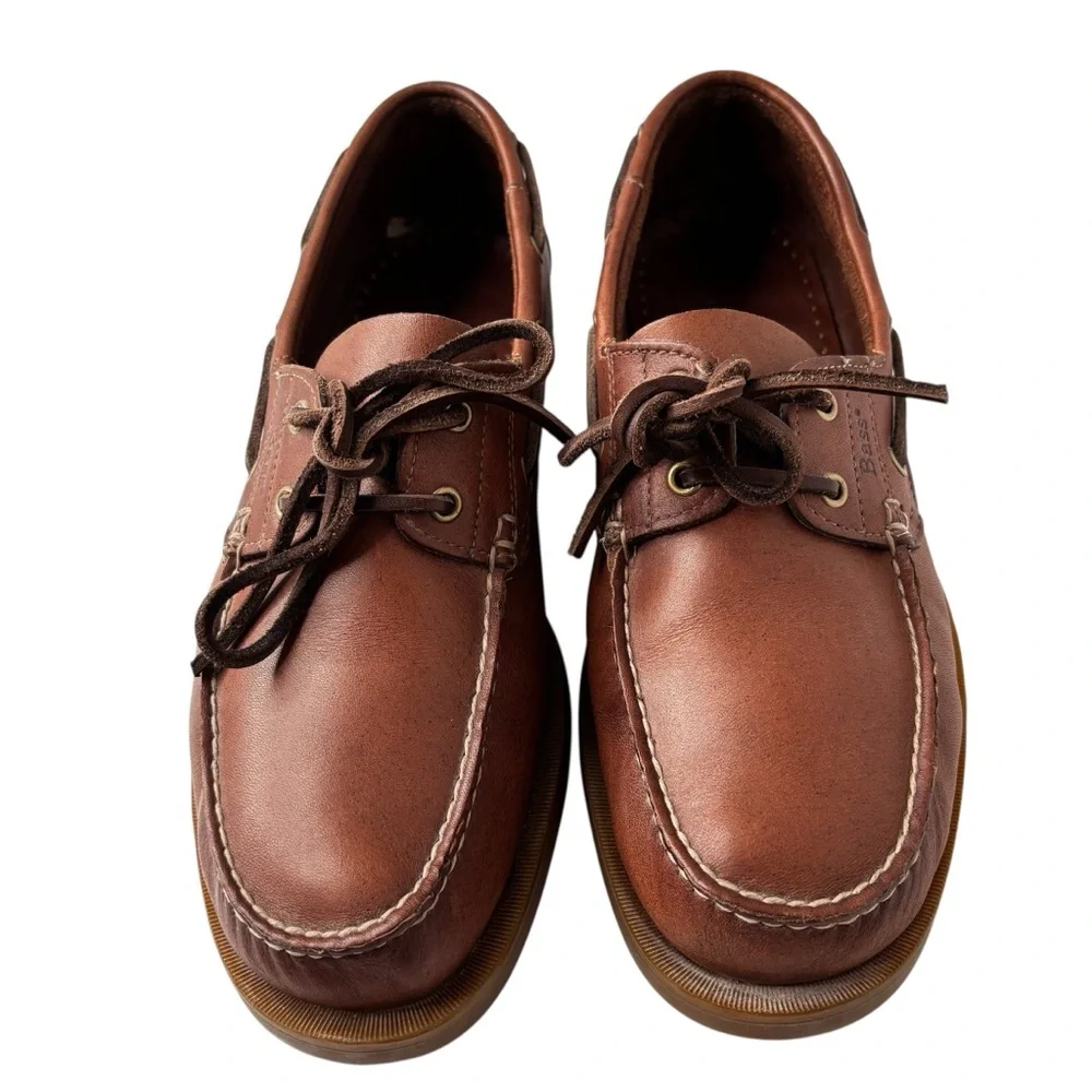 Bass Mens Seafarer Boat Shoe Size 9.5 Moc-Toe Brown Leather Rawhide Lace Preppy